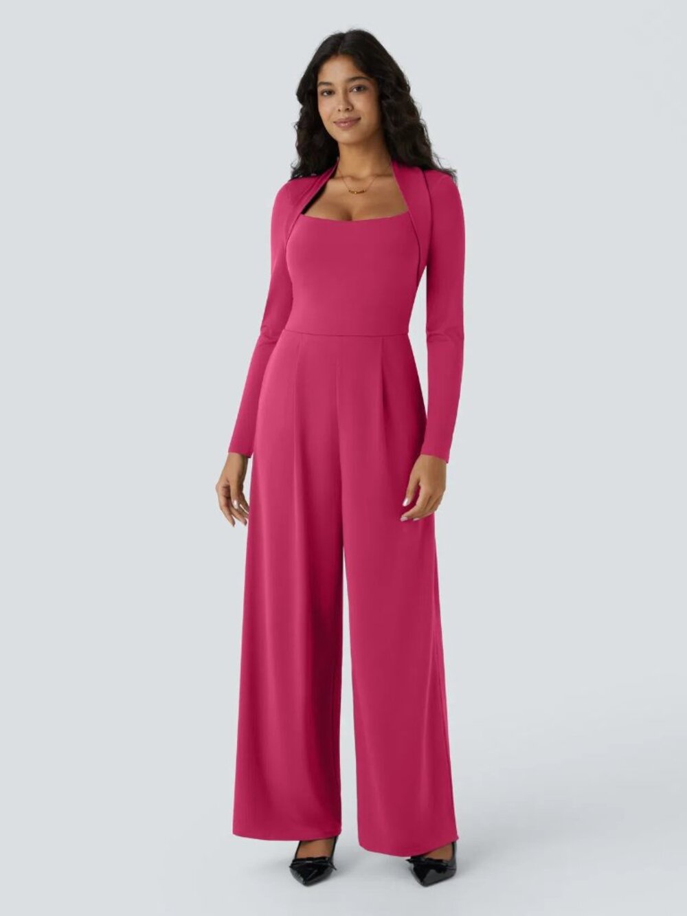Halara XS Innuendo Pink Long Sleeve Wide Leg Jumpsuit-Easy Peezy Easy Peezy